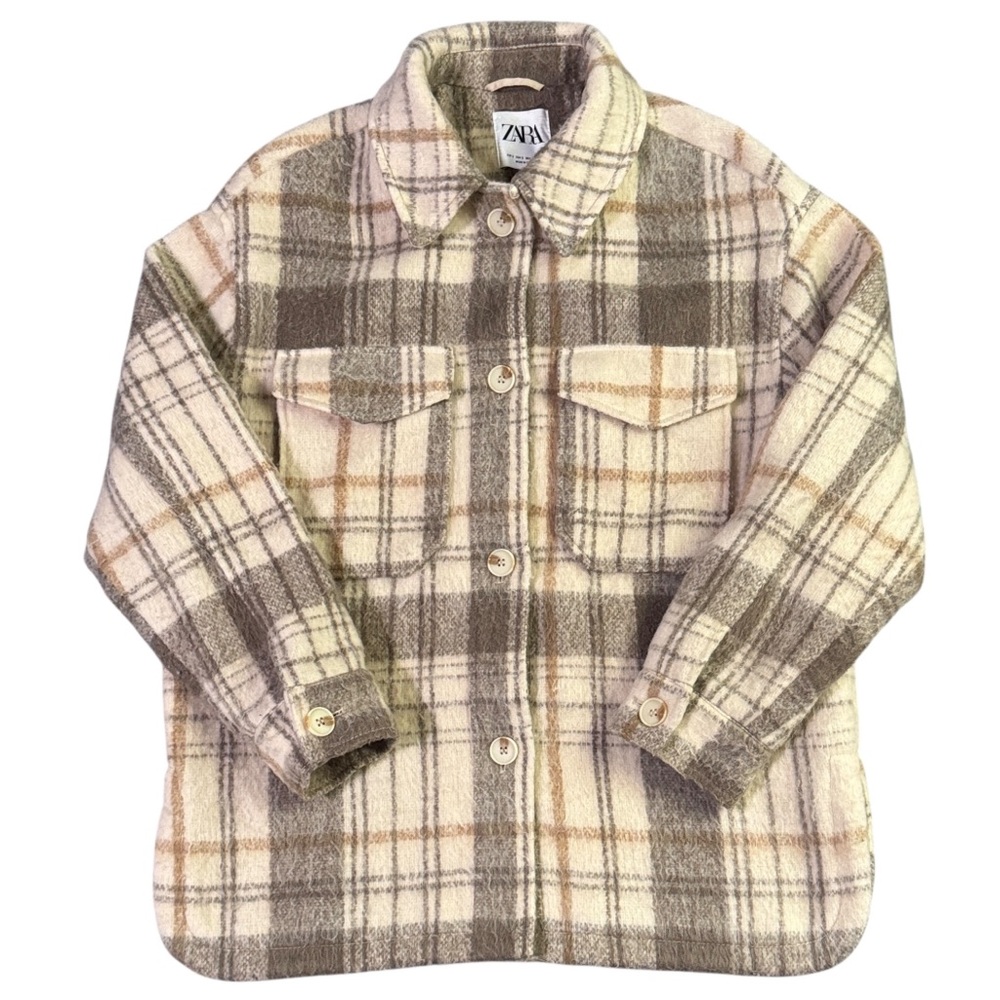Zara Plaid Flannel Button Coat Jacket Beige Tan Women’s S